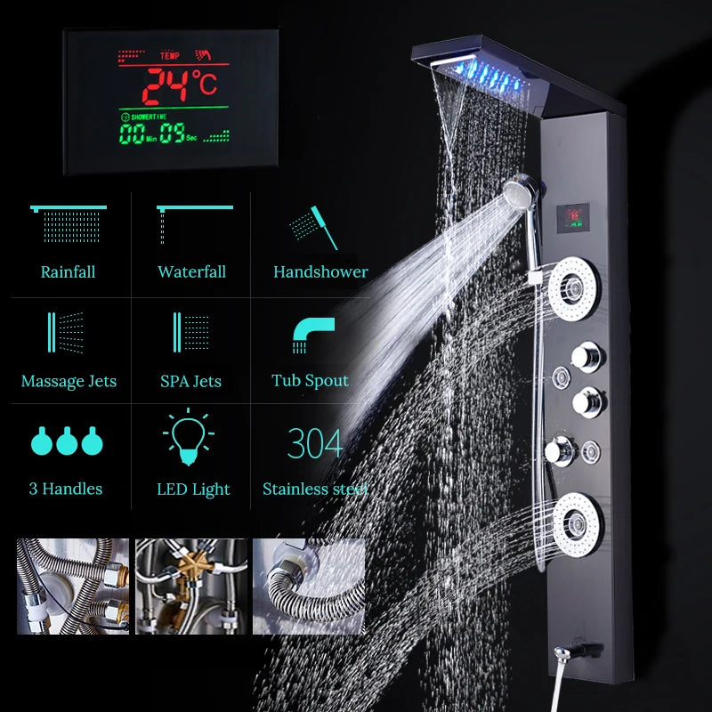 New Luxury Black Brushed Shower Panel With LED Temperature Display