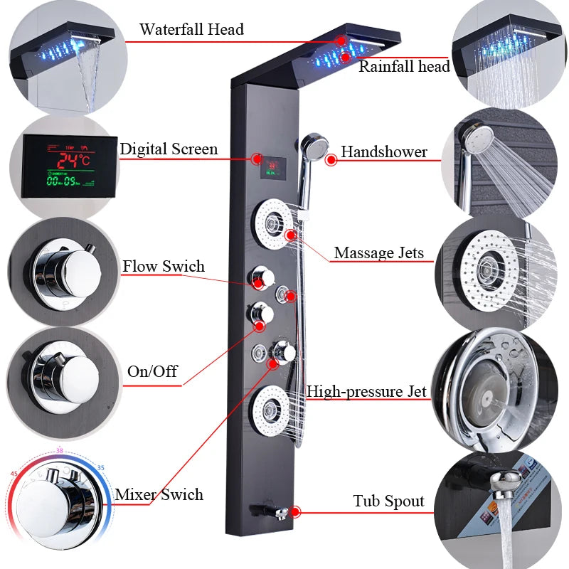 New Luxury Black Brushed Shower Panel With LED Temperature Display