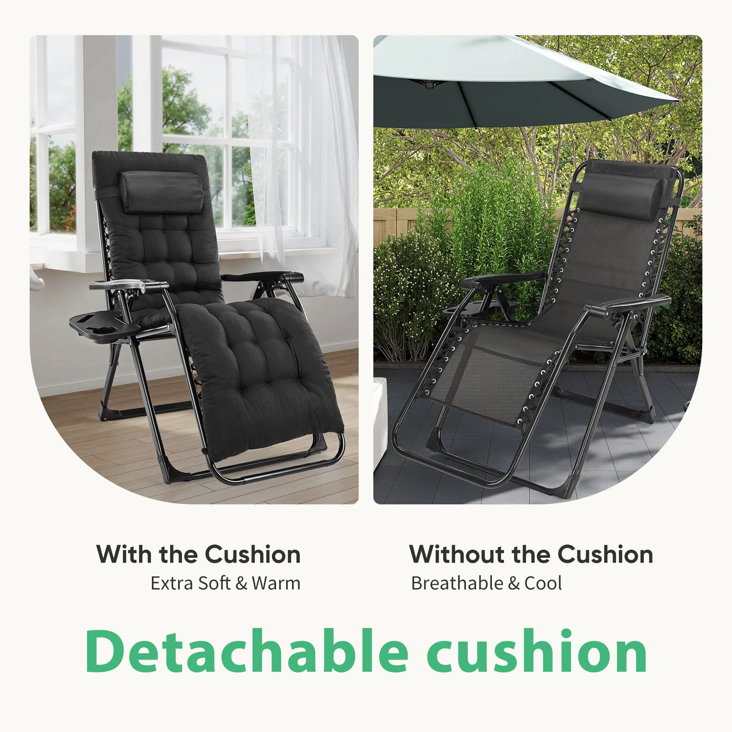 JHK Zero Gravity Recliner Folding Portable Lounge Chair With Cup Holder Trays