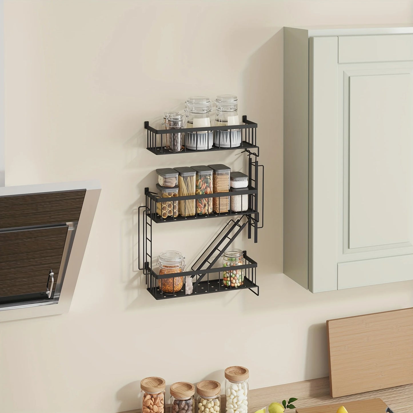 TOMNK Fire Escape Wall Shelf 3 Tier Ladder Floating Shelf Black Metal Decor