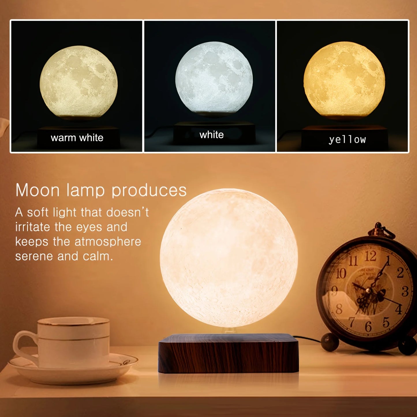 Magnetic Floating Moon Lamp With Wooden Base 3 Color Temperature LED Night Light