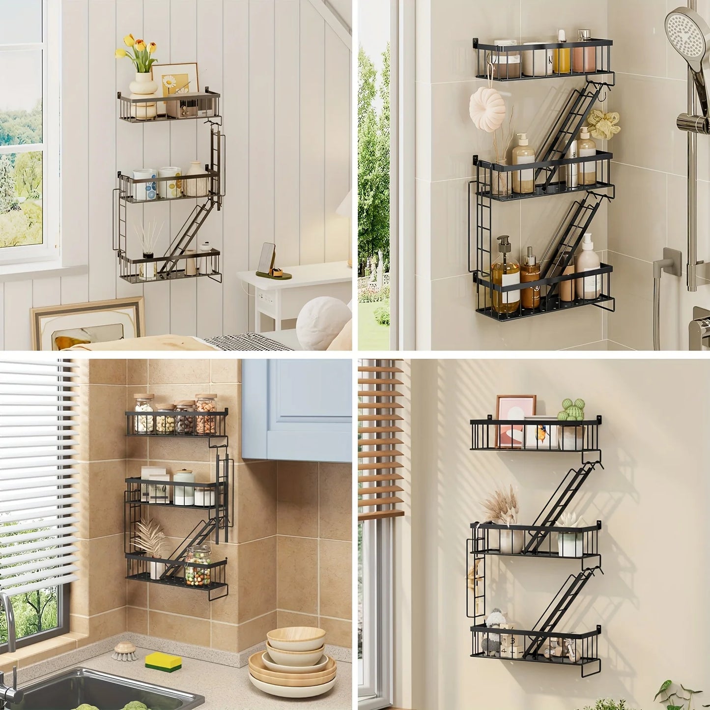 TOMNK Fire Escape Wall Shelf 3 Tier Ladder Floating Shelf Black Metal Decor