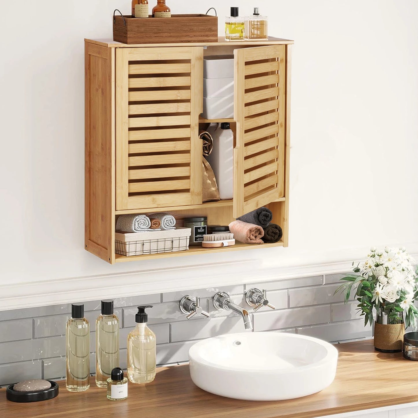 Wall Mounted Bamboo Bathroom Medicine Cabinet With Storage Shelf