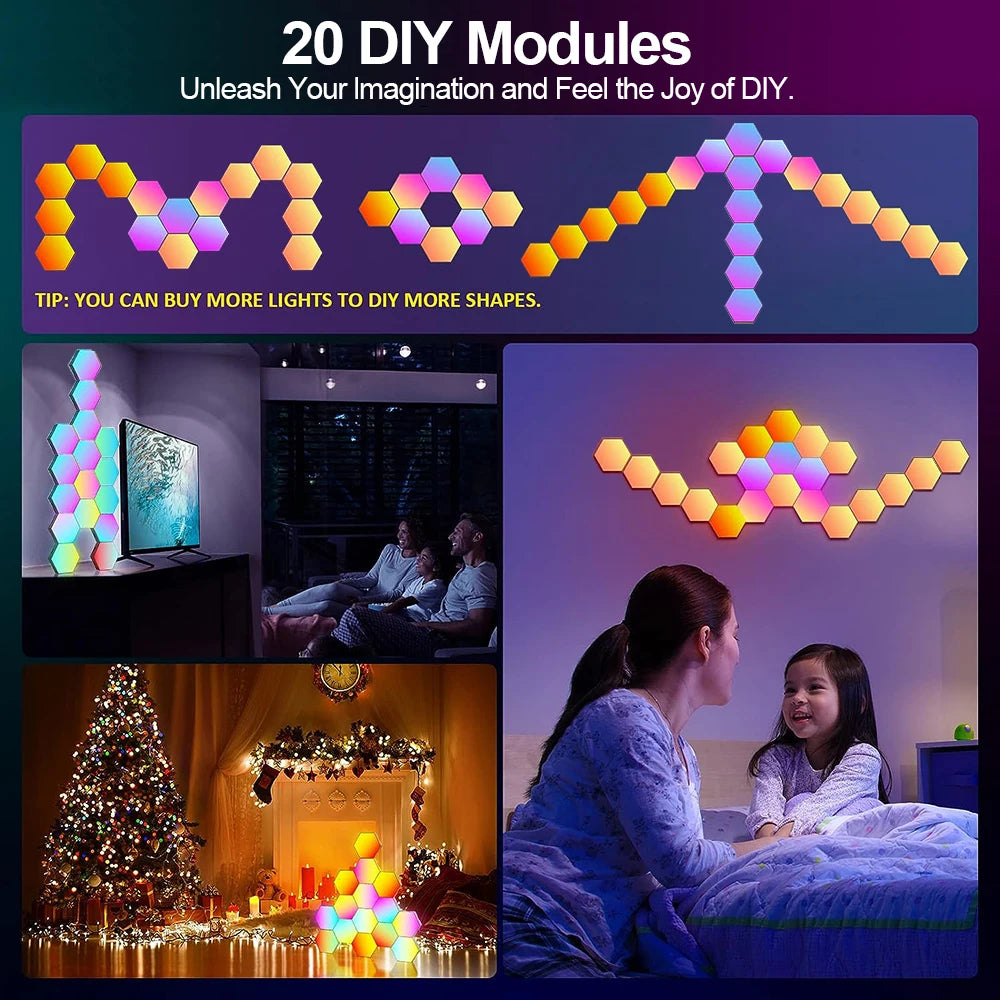 Light up your space with a hexagonal RGB wall lamp that shifts color to suit your mood, music, or game night.