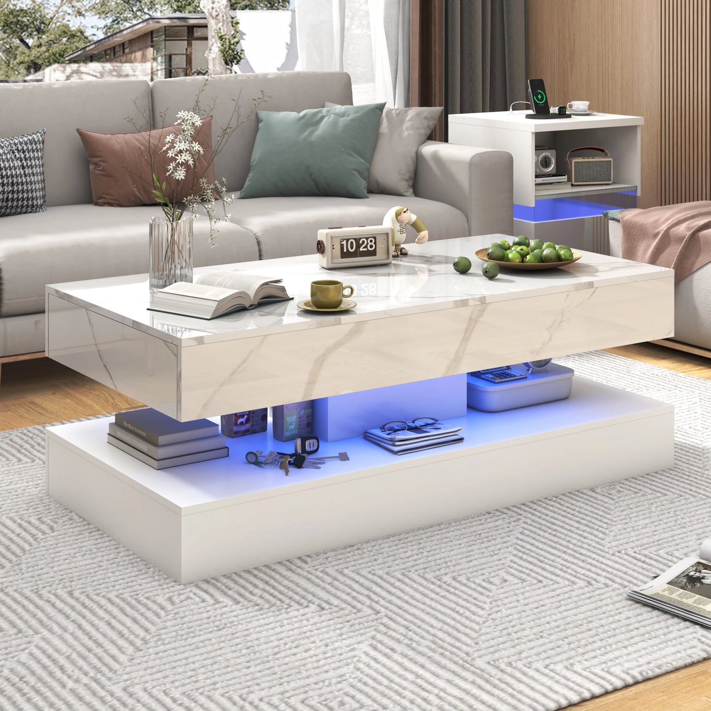 Modern LED Coffee Table With 2 Storage Drawers And Double Layer Design
