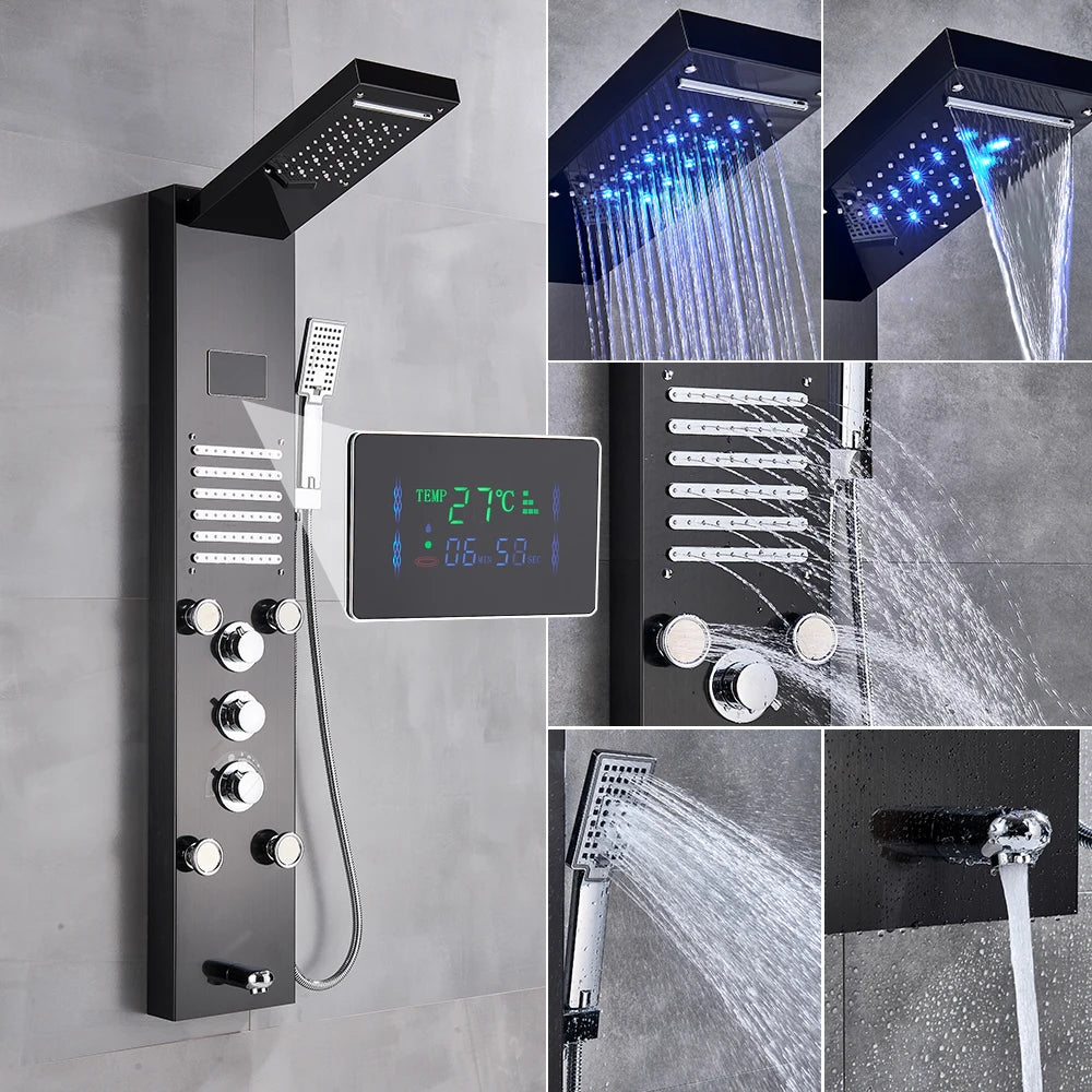 New Luxury Black Brushed Shower Panel With LED Temperature Display