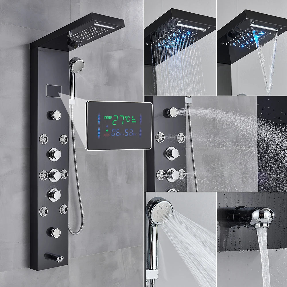 New Luxury Black Brushed Shower Panel With LED Temperature Display