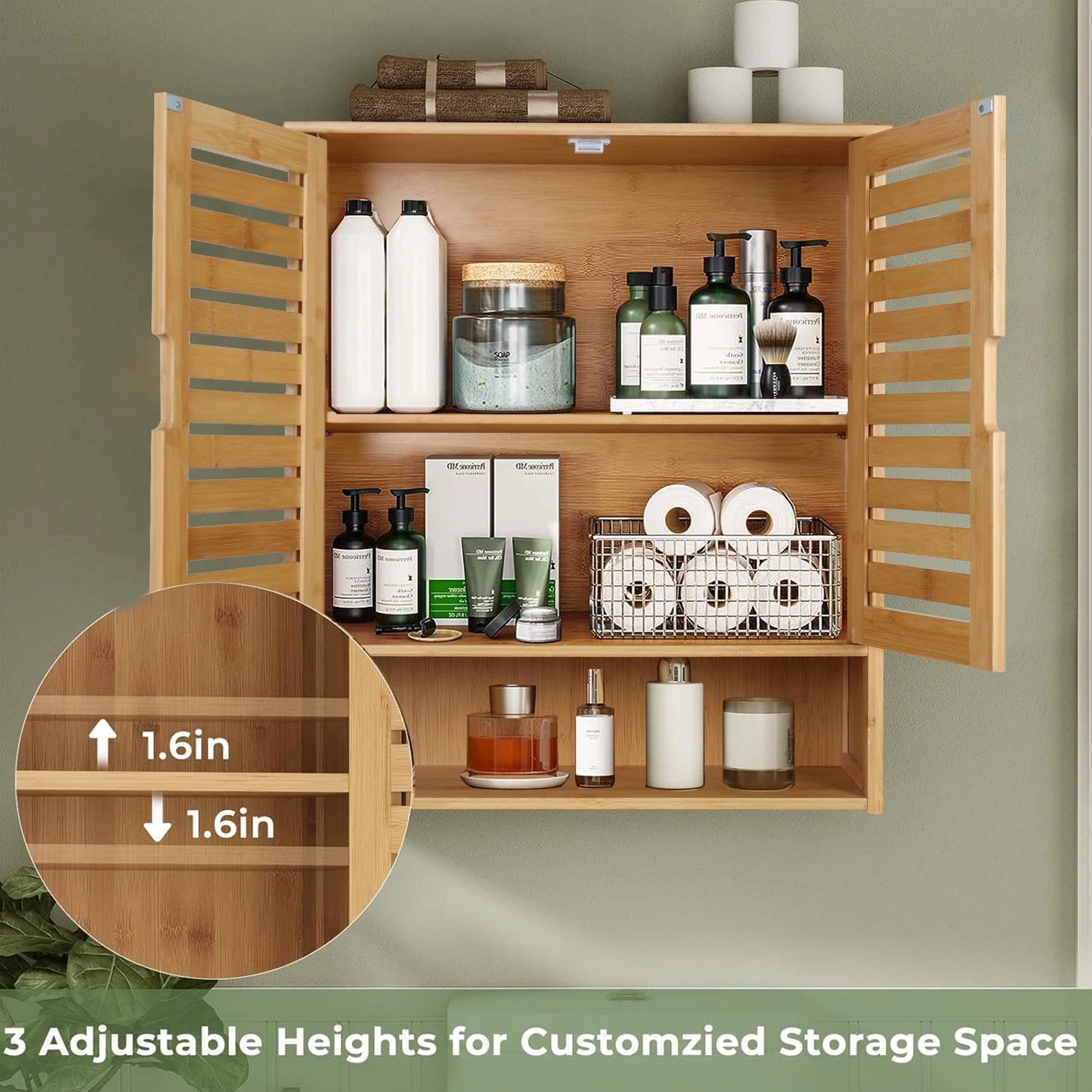 Wall Mounted Bamboo Bathroom Medicine Cabinet With Storage Shelf