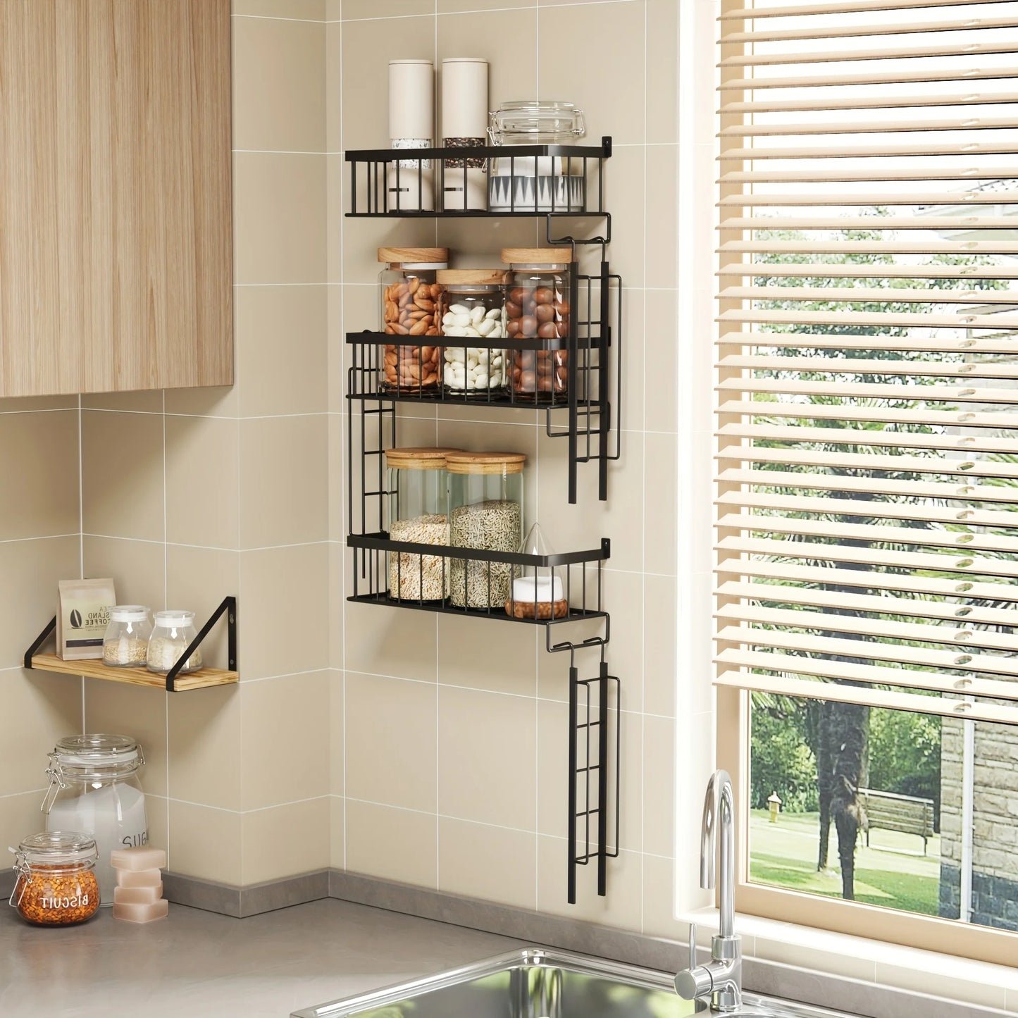 TOMNK Fire Escape Wall Shelf 3 Tier Ladder Floating Shelf Black Metal Decor