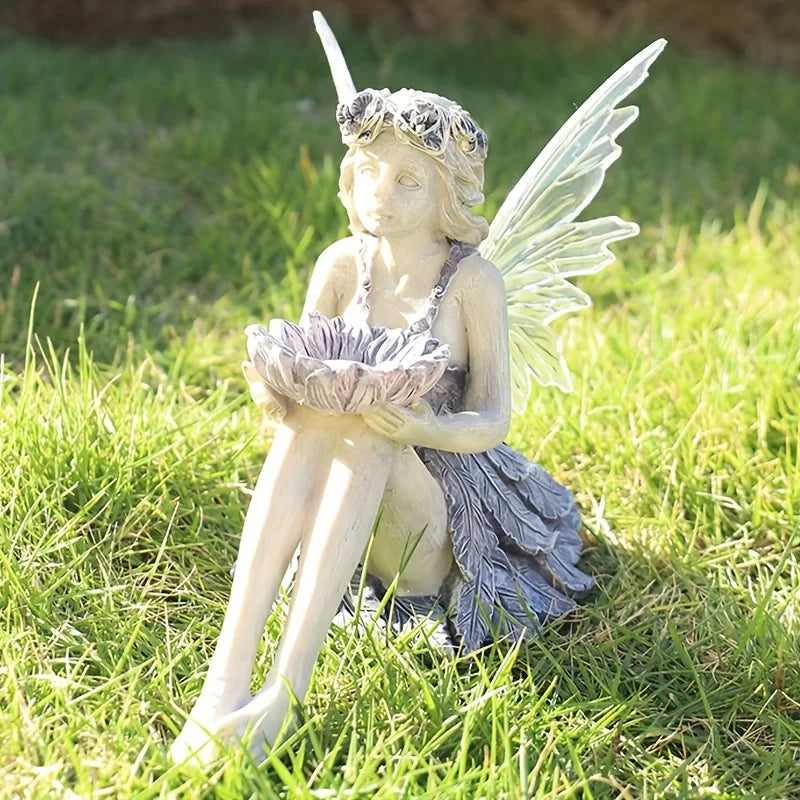 Outdoor Solar Garden Fairy Statue Light Resin Flower Fairy Holding Flower