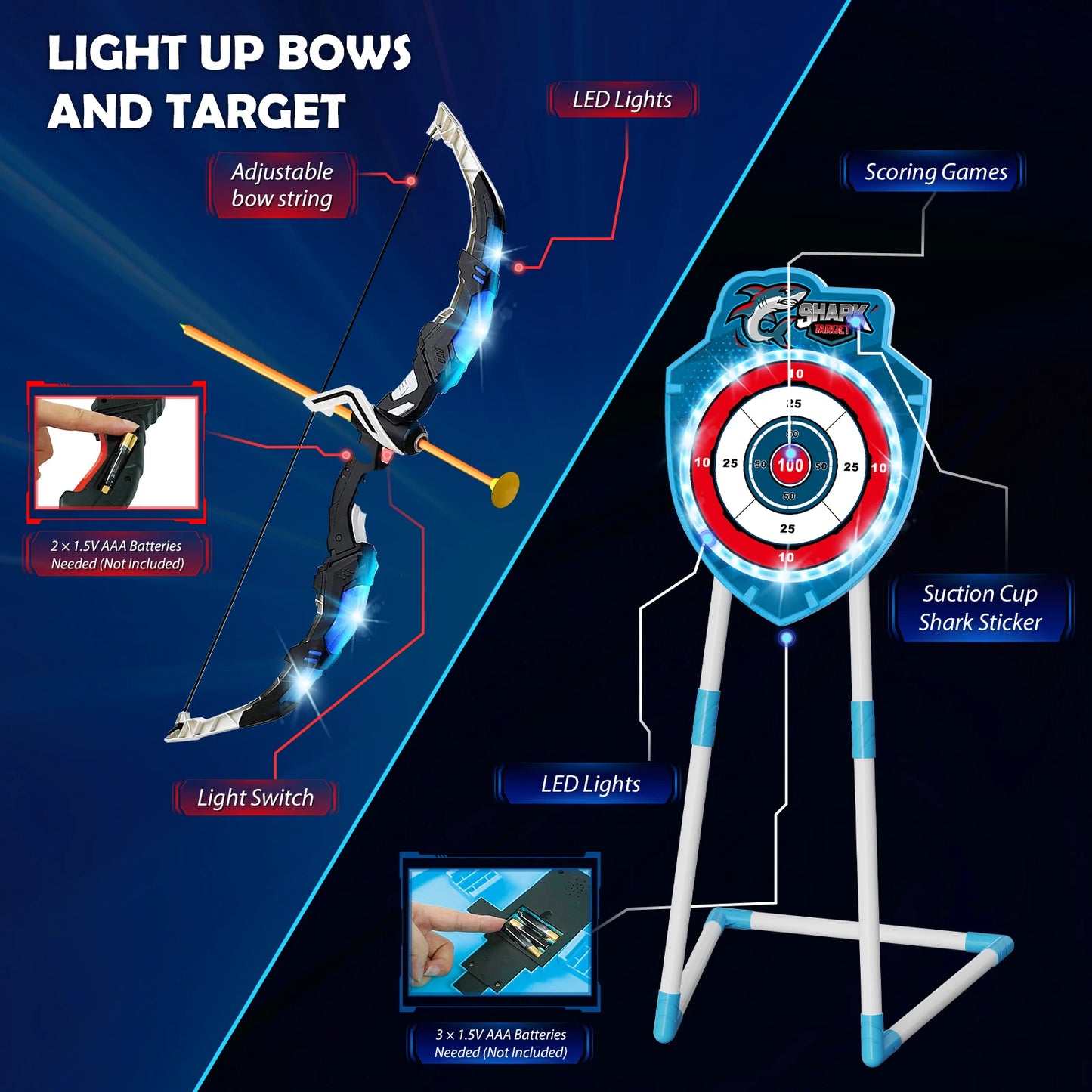 VATOS Night Light Archery Bow And Arrow Toy For Kids Indoor Outdoor Play