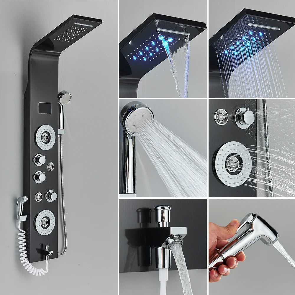 New Luxury Black Brushed Shower Panel With LED Temperature Display