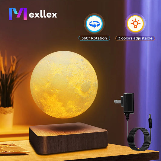 Magnetic Floating Moon Lamp With Wooden Base 3 Color Temperature LED Night Light