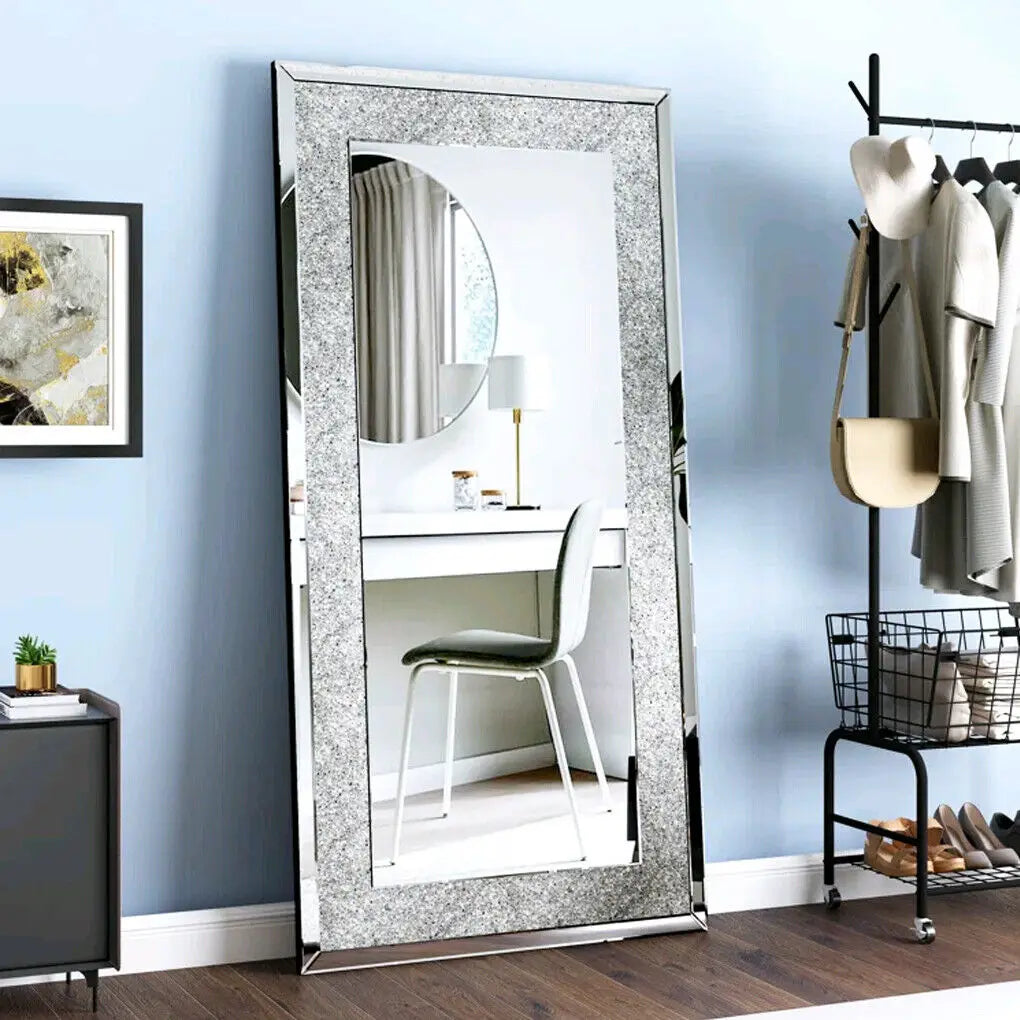 LUVODI Large Silver Crystal Rhinestone Frameless Vanity Mirror Wall Mounted