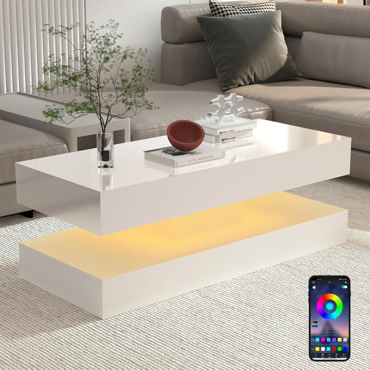 Modern LED Coffee Table With 2 Storage Drawers And Double Layer Design