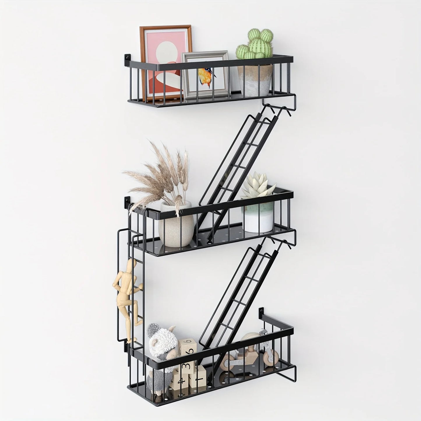 TOMNK Fire Escape Wall Shelf 3 Tier Ladder Floating Shelf Black Metal Decor