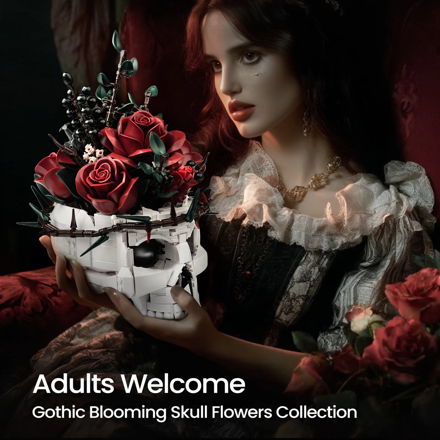 Skull Roses Building Set For Adults Skeleton Flowers Plant Pot Bricks