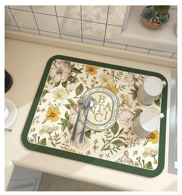 Keep spills in check with a large, ultra-absorbent mat that dries quickly, resists odors, and stays put through busy kitchen routines.