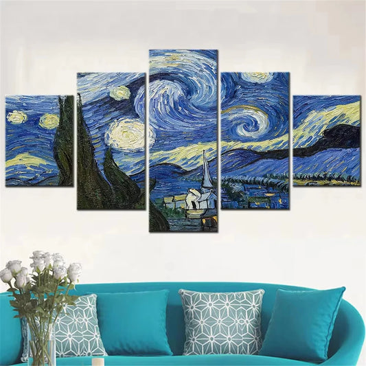 Five Piece Abstract Starry Night Canvas Set Van Gogh Style Wall Art No Frame