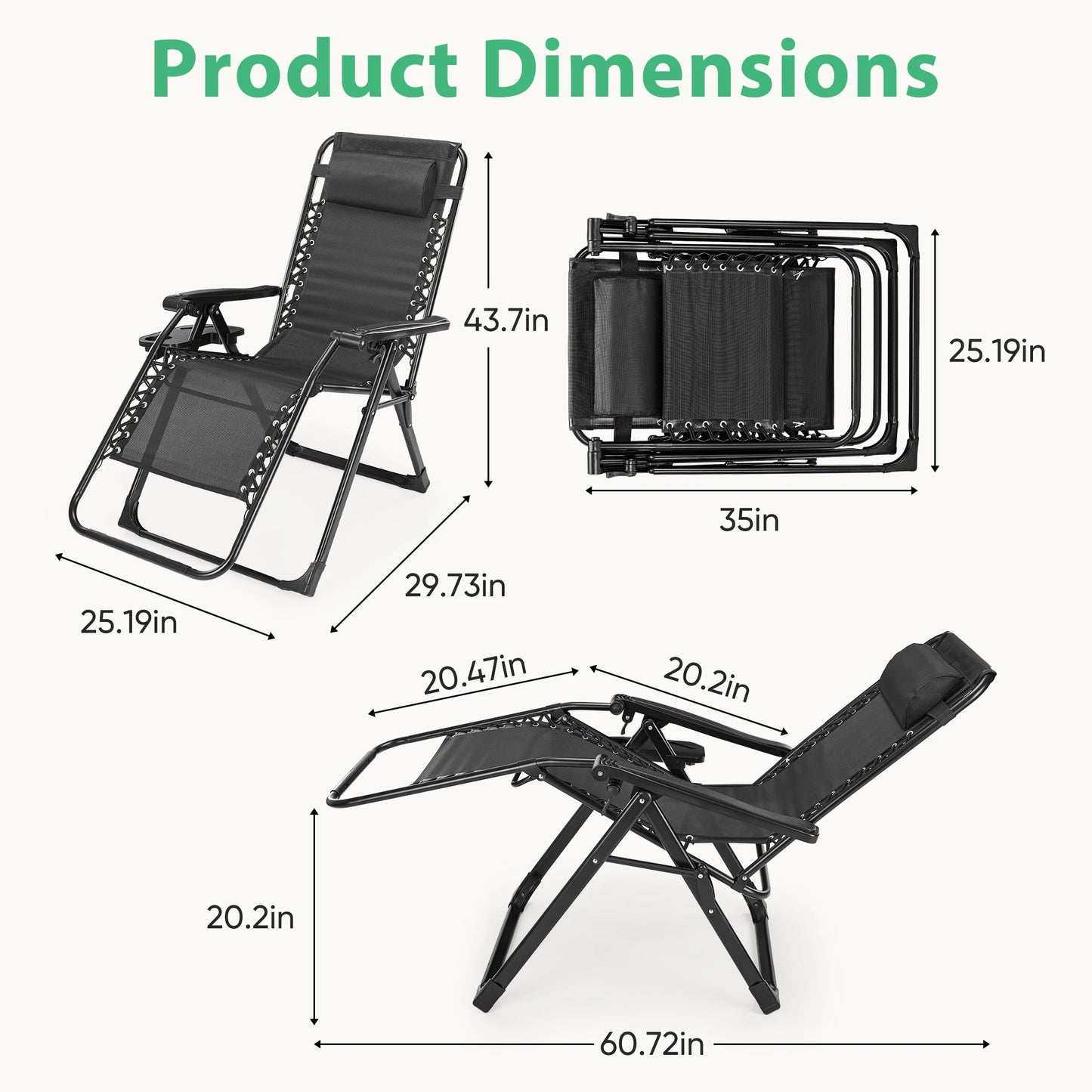 JHK Zero Gravity Recliner Folding Portable Lounge Chair With Cup Holder Trays
