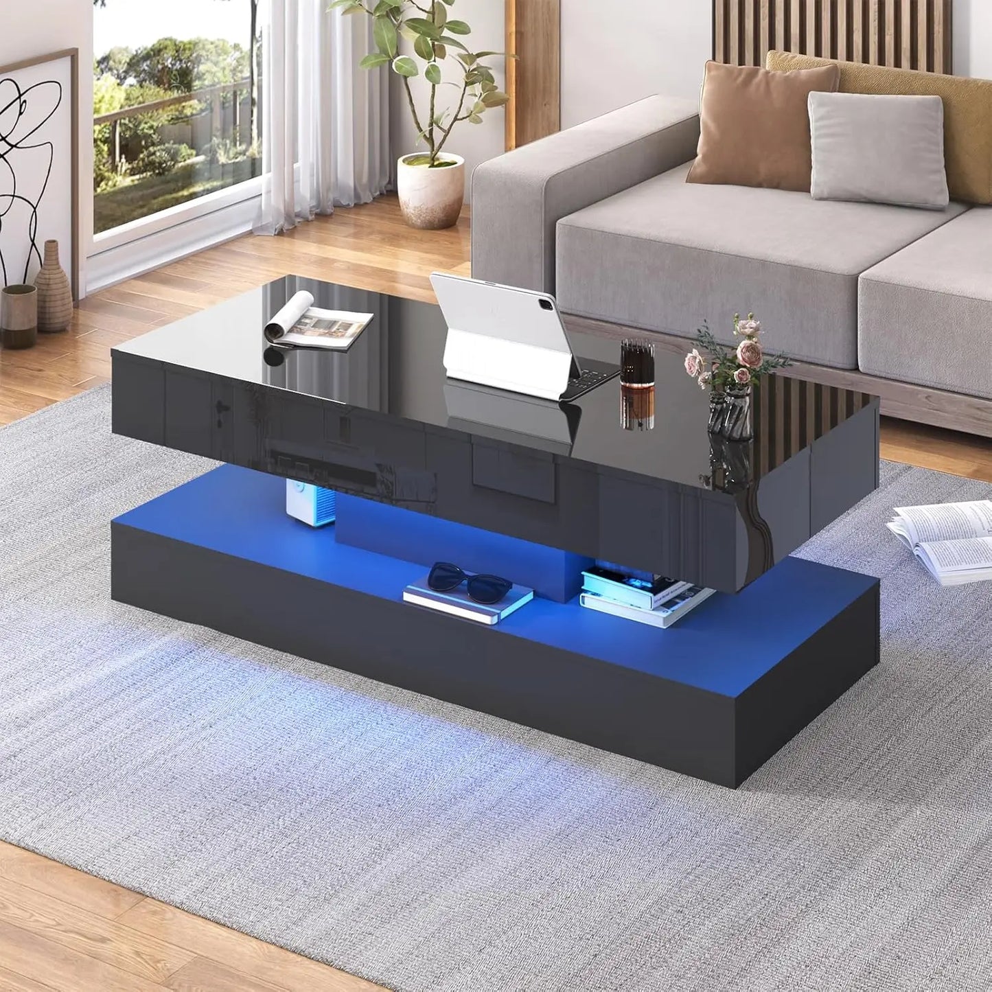Modern LED Coffee Table With 2 Storage Drawers And Double Layer Design