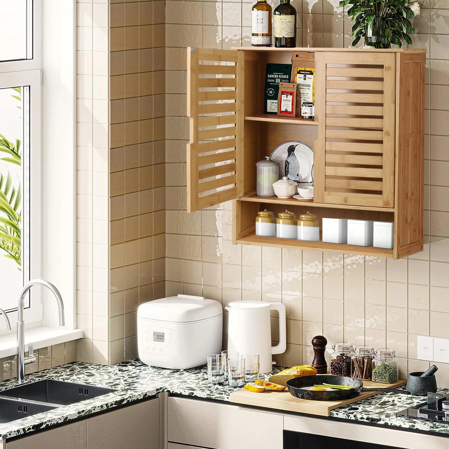 Wall Mounted Bamboo Bathroom Medicine Cabinet With Storage Shelf