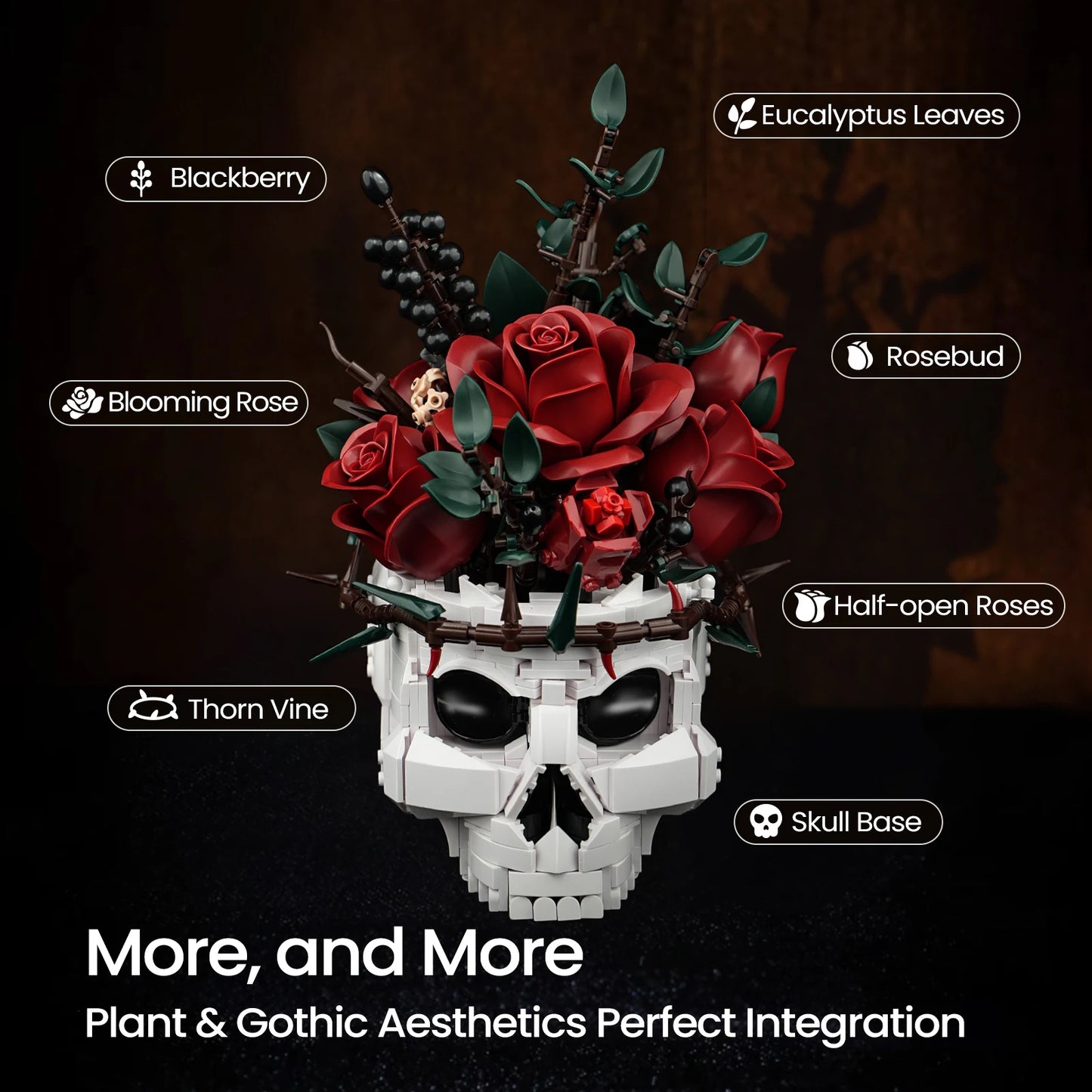 Skull Roses Building Set For Adults Skeleton Flowers Plant Pot Bricks