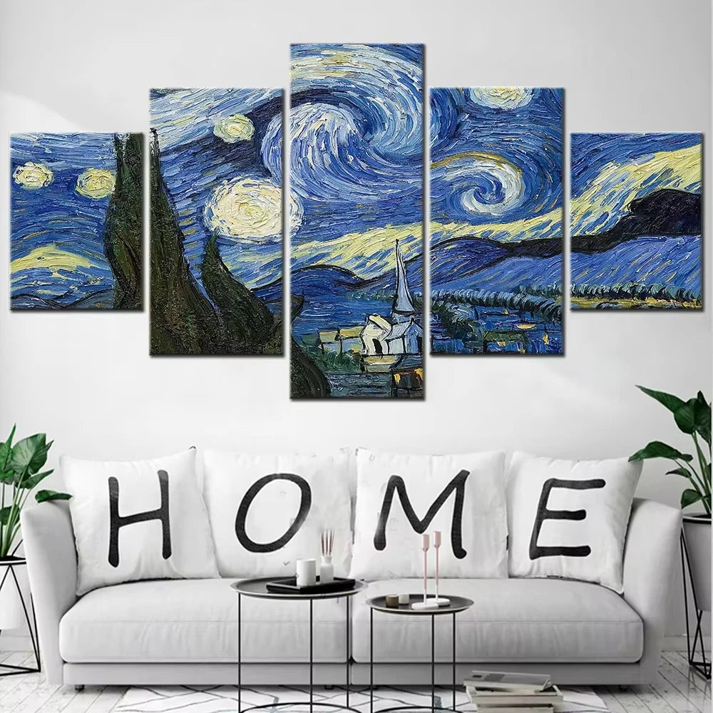 Five Piece Abstract Starry Night Canvas Set Van Gogh Style Wall Art No Frame