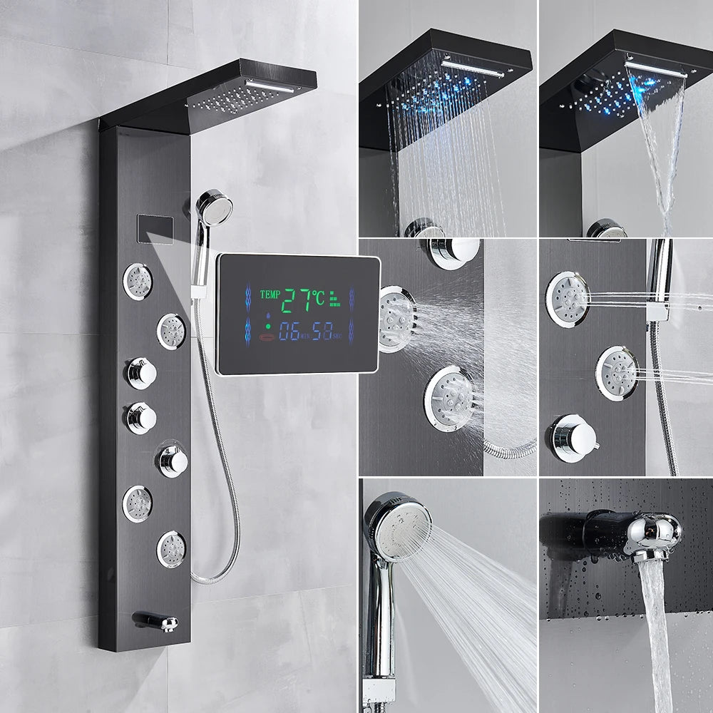 New Luxury Black Brushed Shower Panel With LED Temperature Display