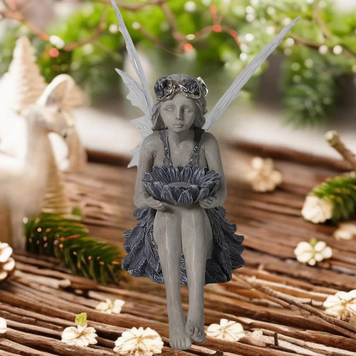 Outdoor Solar Garden Fairy Statue Light Resin Flower Fairy Holding Flower