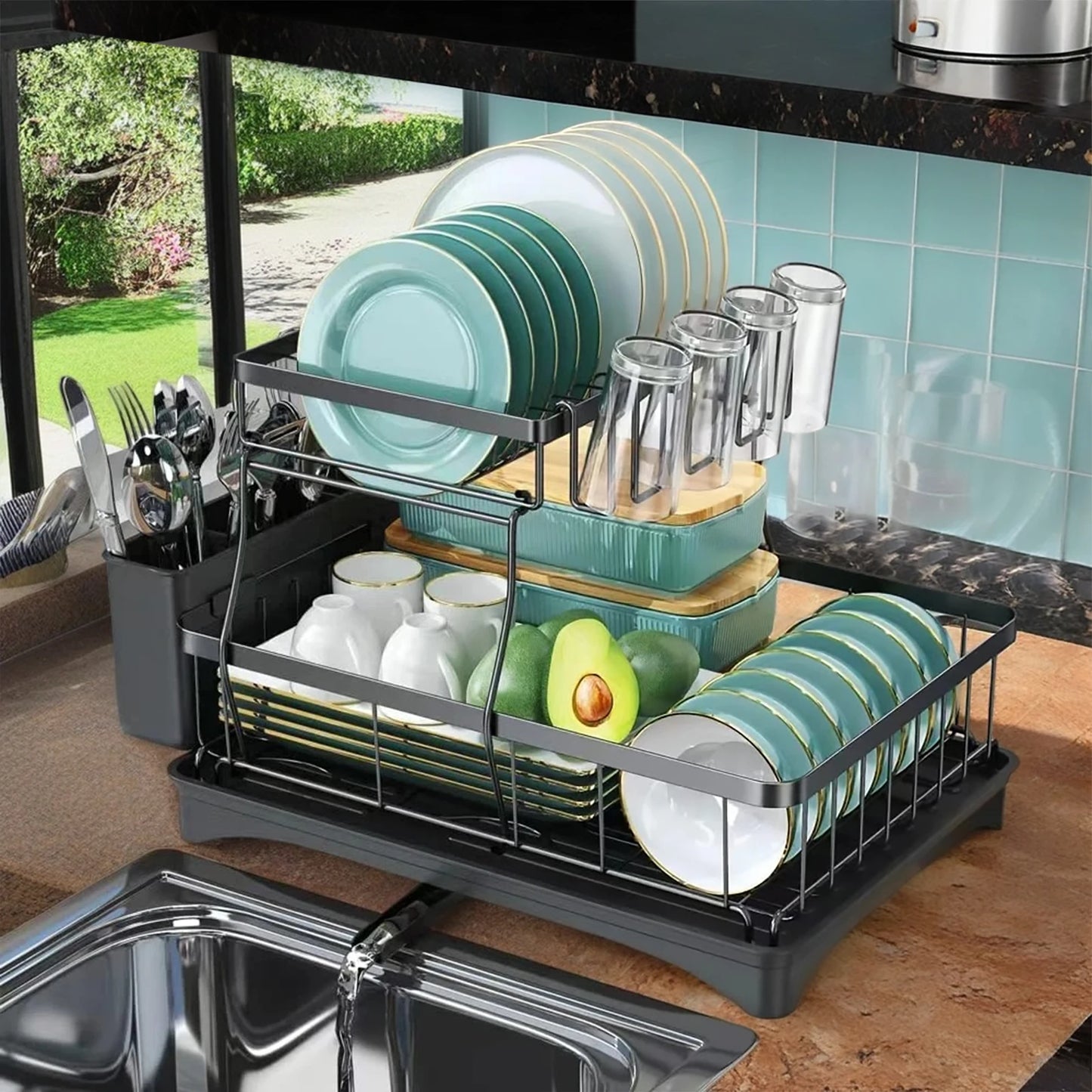 Large 2 Tier Dish Drying Rack For Countertops Removable Metal
