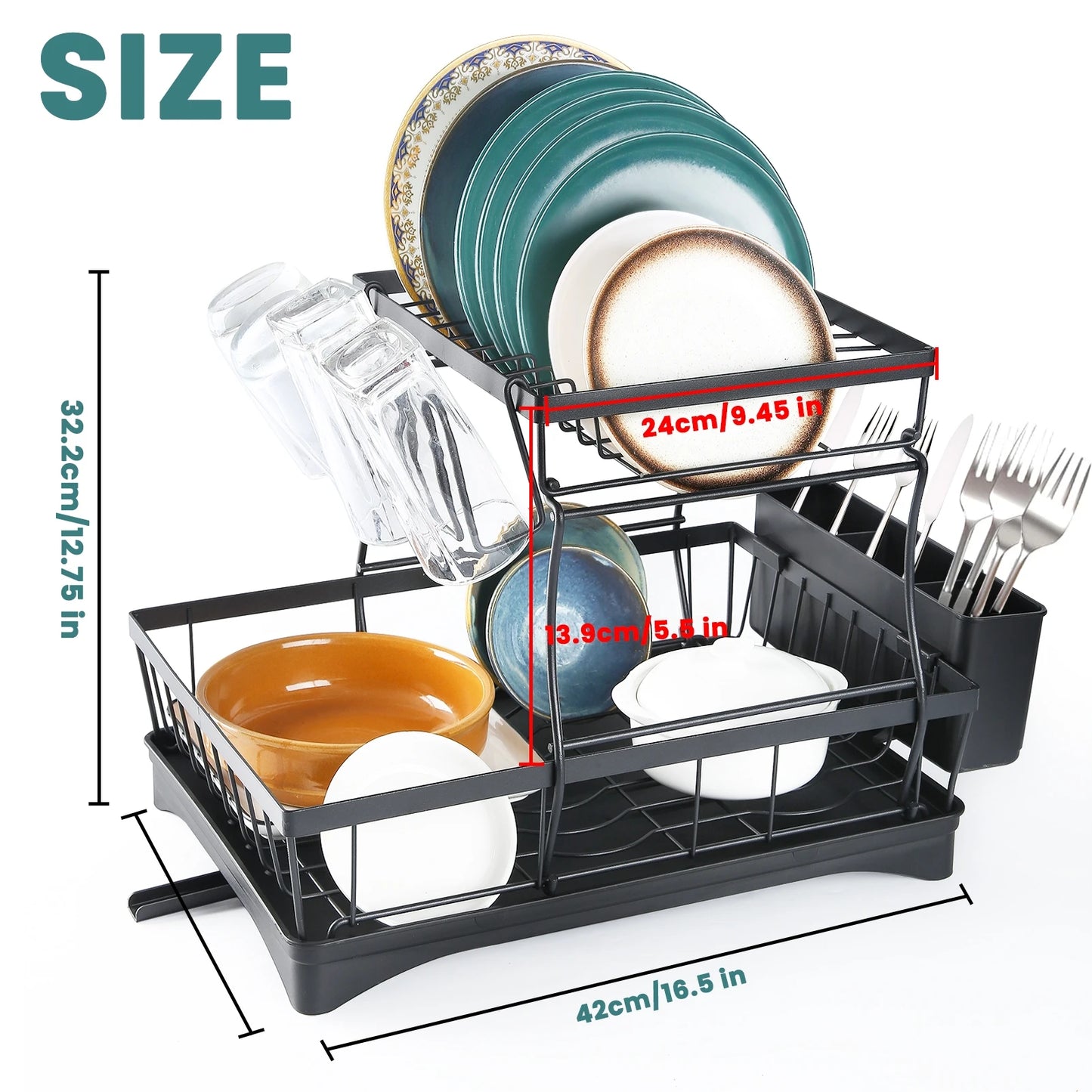 Large 2 Tier Dish Drying Rack For Countertops Removable Metal