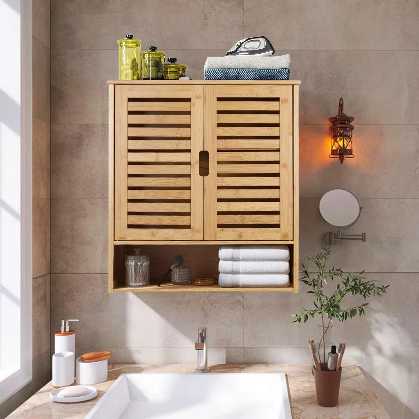 Wall Mounted Bamboo Bathroom Medicine Cabinet With Storage Shelf