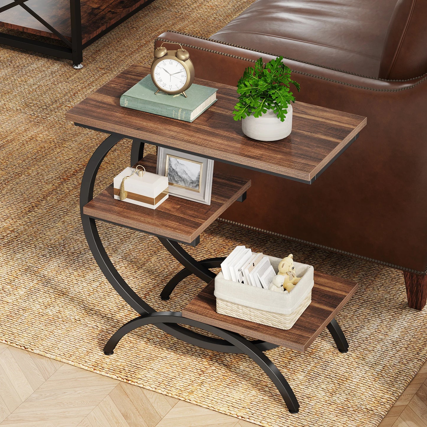 Tribesigns C Shaped End Table 3 Tier Sofa Side Table With Storage Shelves