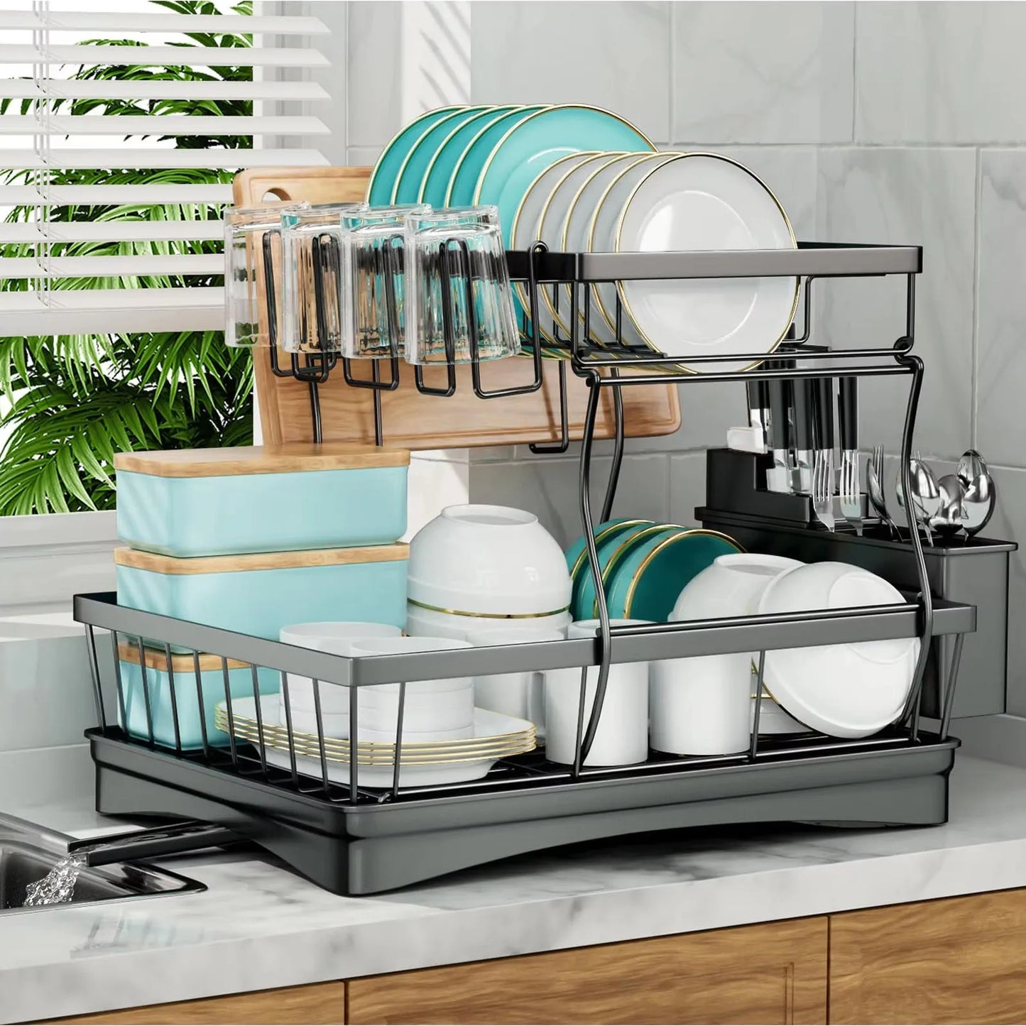 Large 2 Tier Dish Drying Rack For Countertops Removable Metal