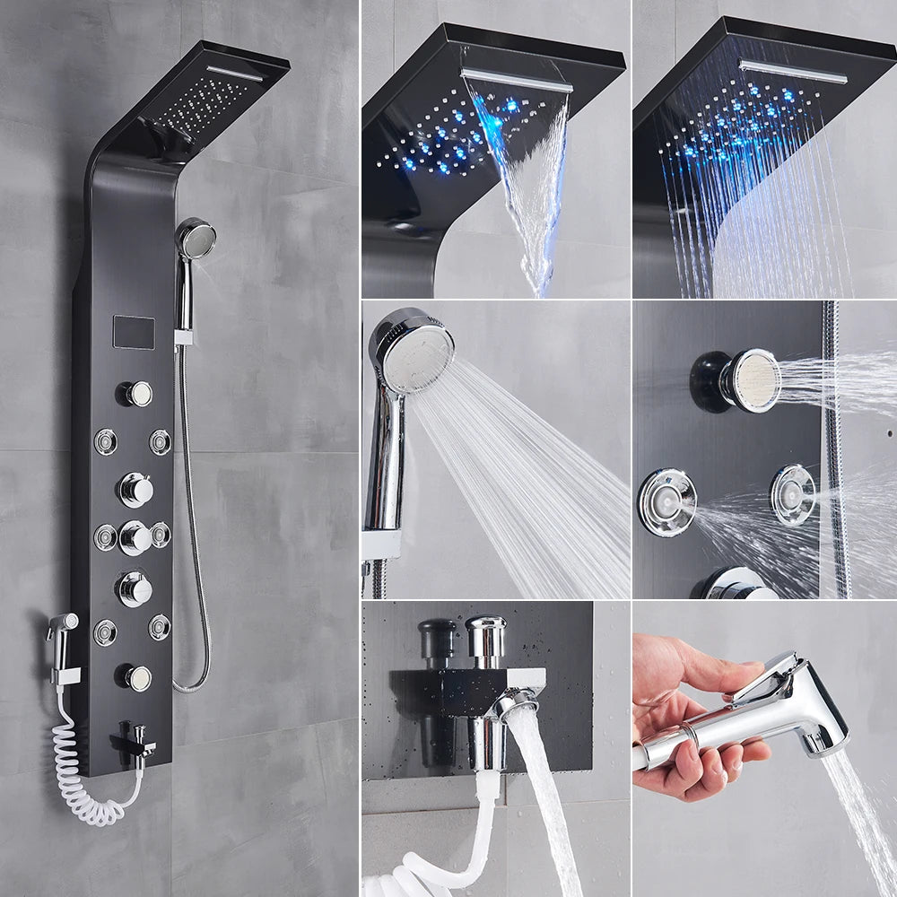 New Luxury Black Brushed Shower Panel With LED Temperature Display