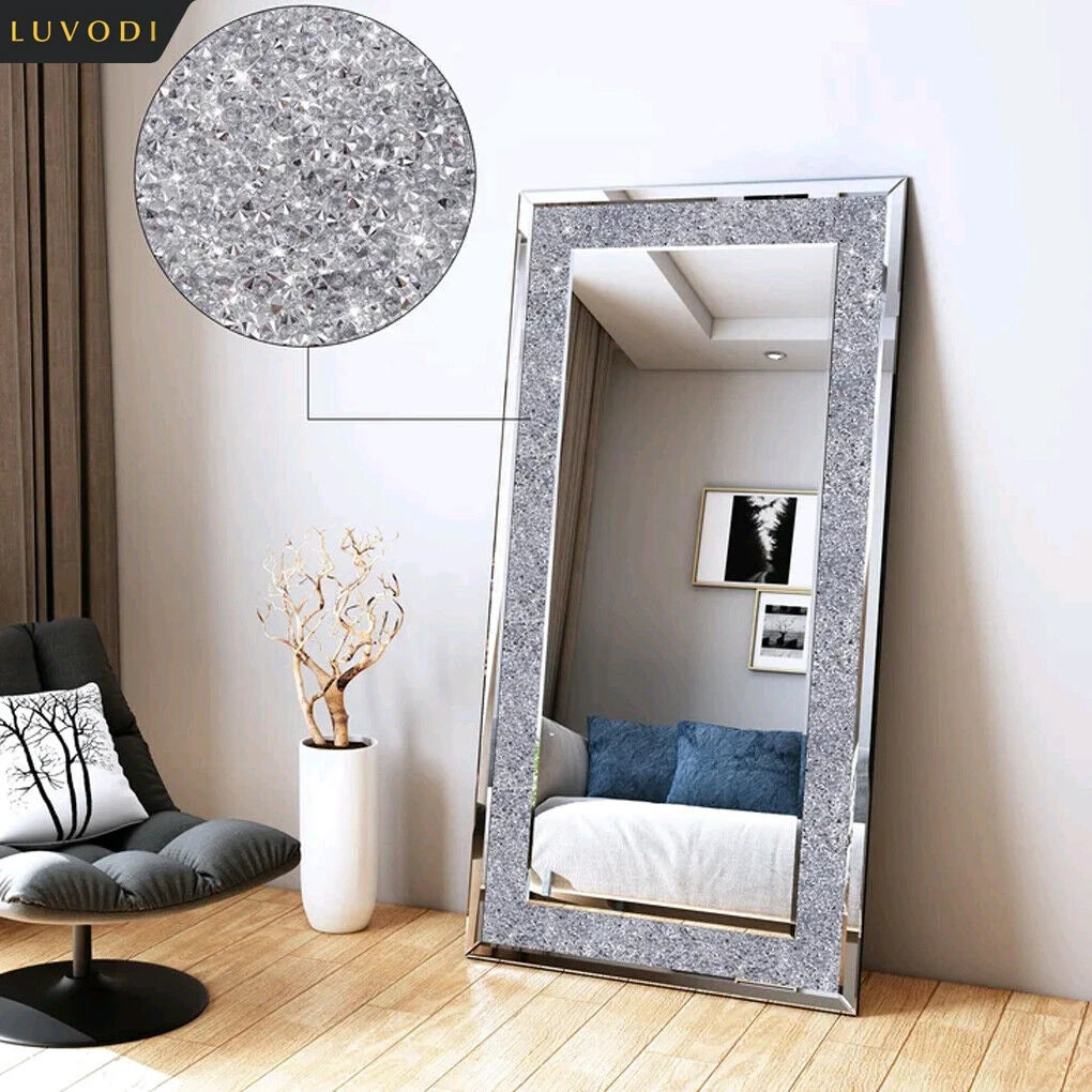 LUVODI Large Silver Crystal Rhinestone Frameless Vanity Mirror Wall Mounted
