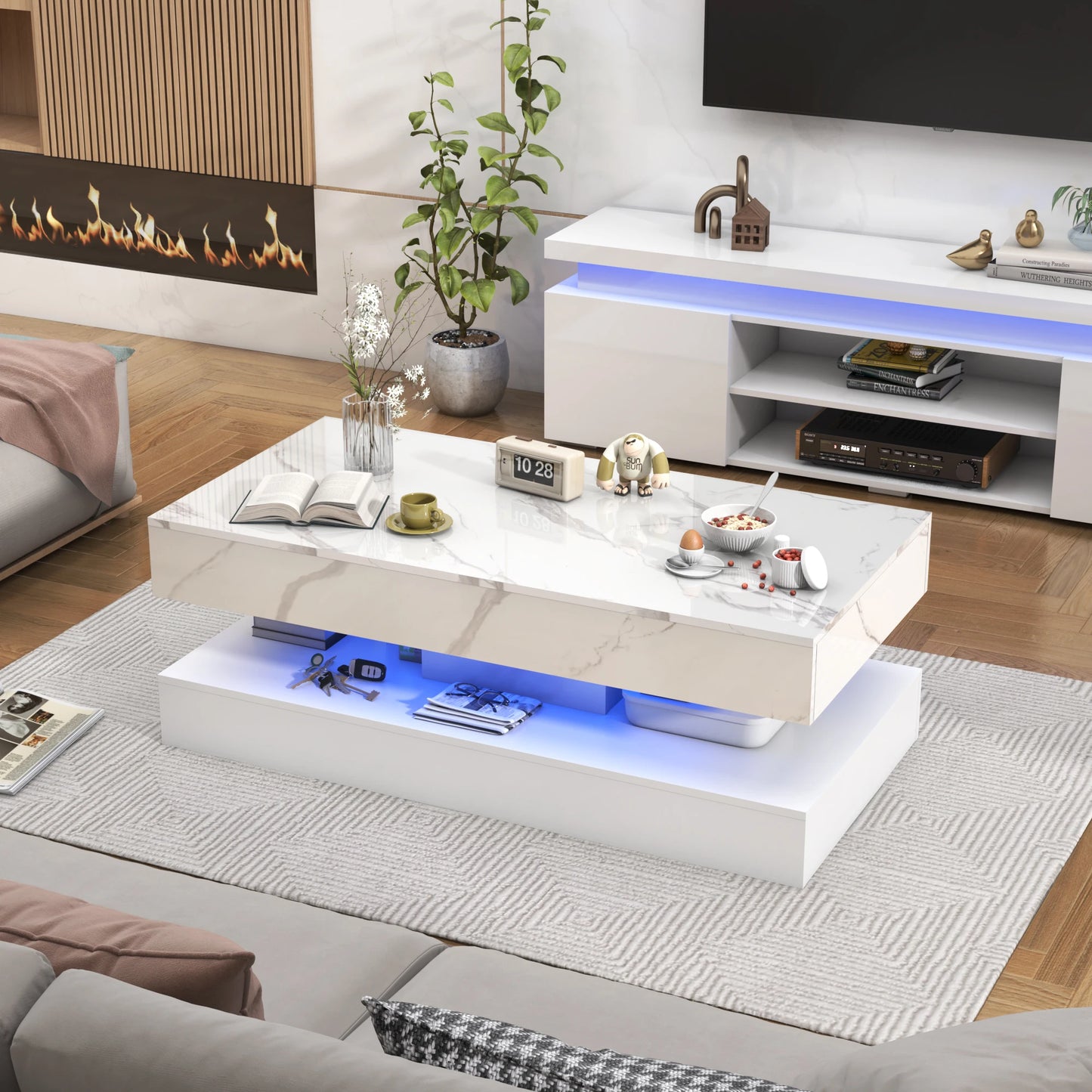 Modern LED Coffee Table With 2 Storage Drawers And Double Layer Design
