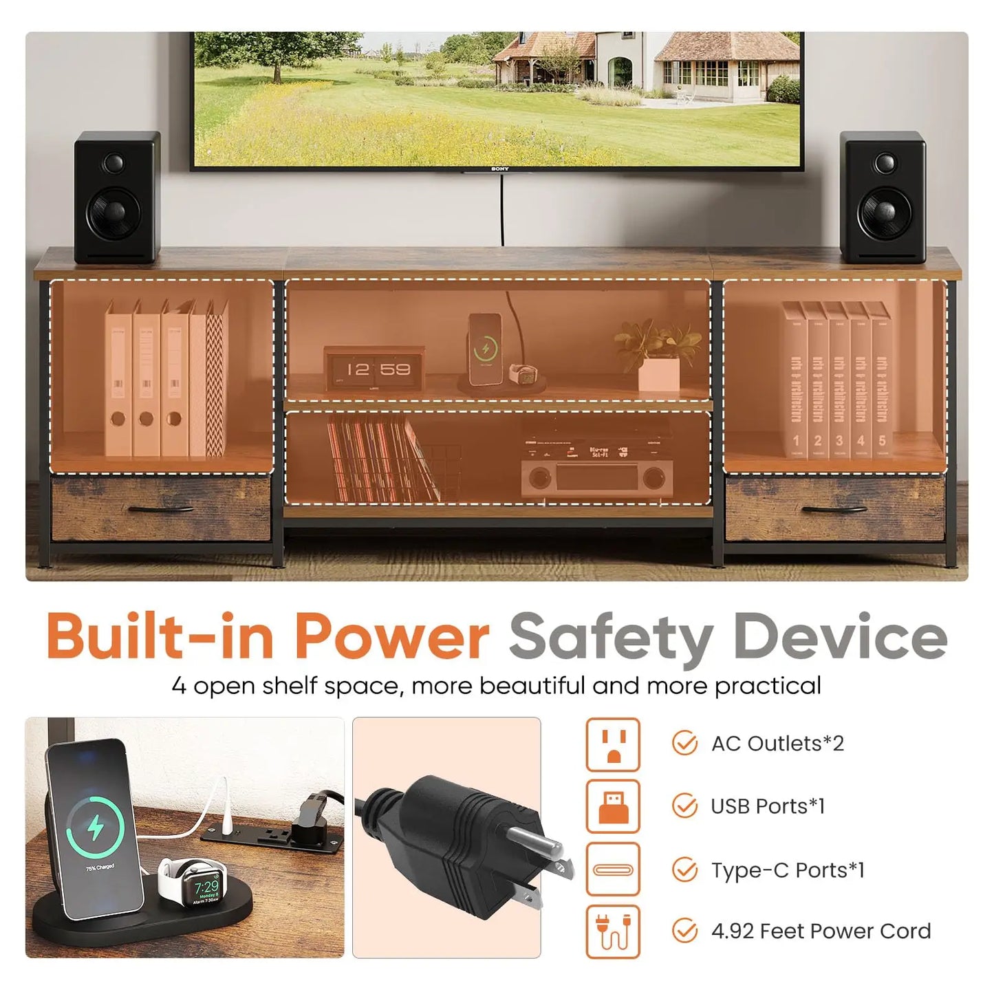 63-Inch Wooden TV Stand For Up To 75-Inch TV Entertainment Center