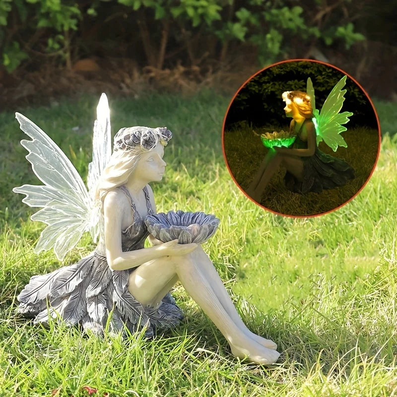 Outdoor Solar Garden Fairy Statue Light Resin Flower Fairy Holding Flower