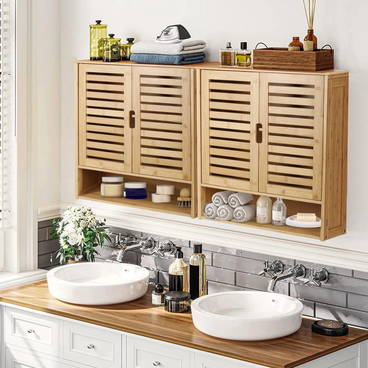 Wall Mounted Bamboo Bathroom Medicine Cabinet With Storage Shelf