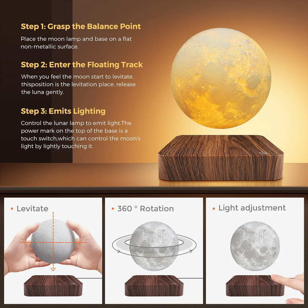 Magnetic Floating Moon Lamp With Wooden Base 3 Color Temperature LED Night Light
