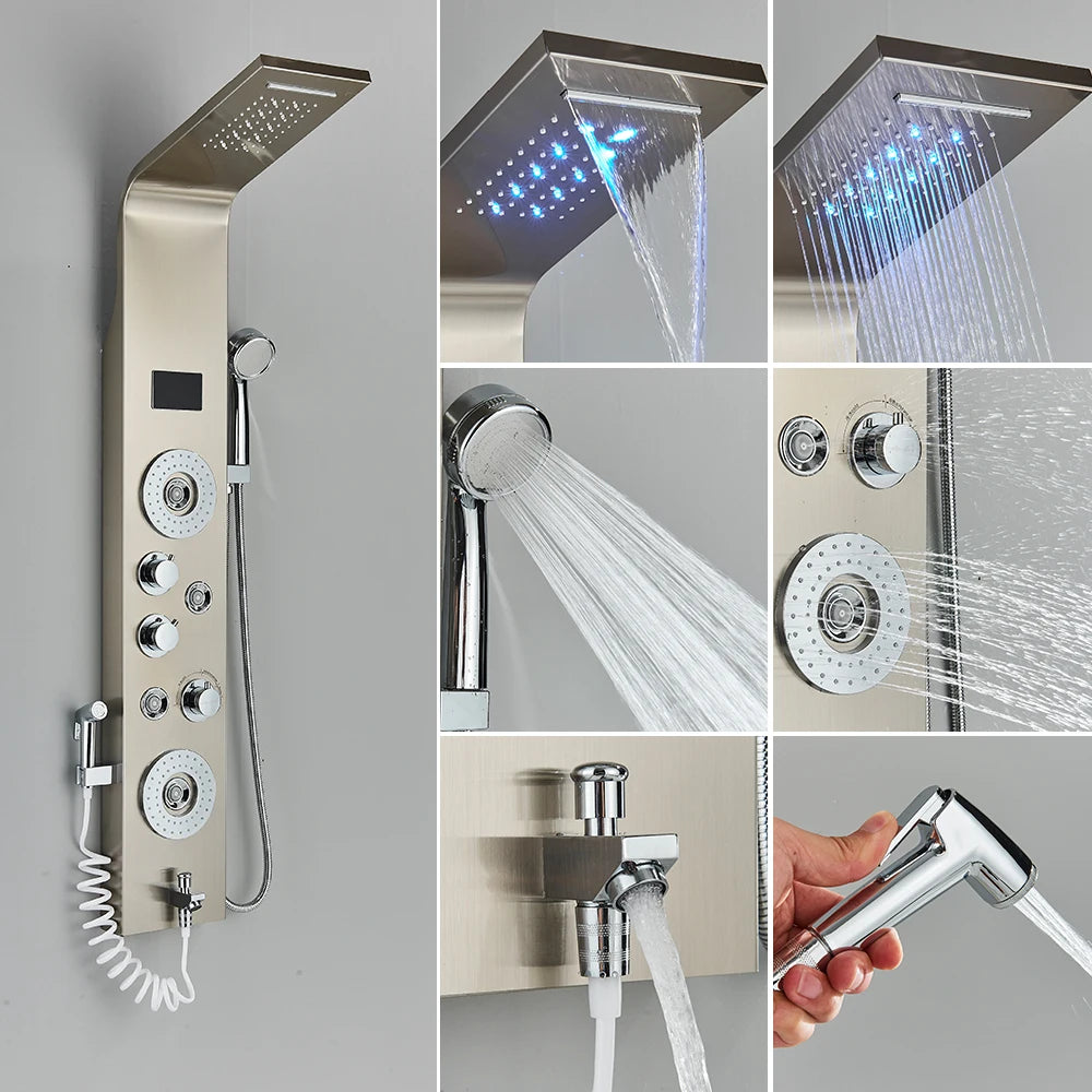 New Luxury Black Brushed Shower Panel With LED Temperature Display