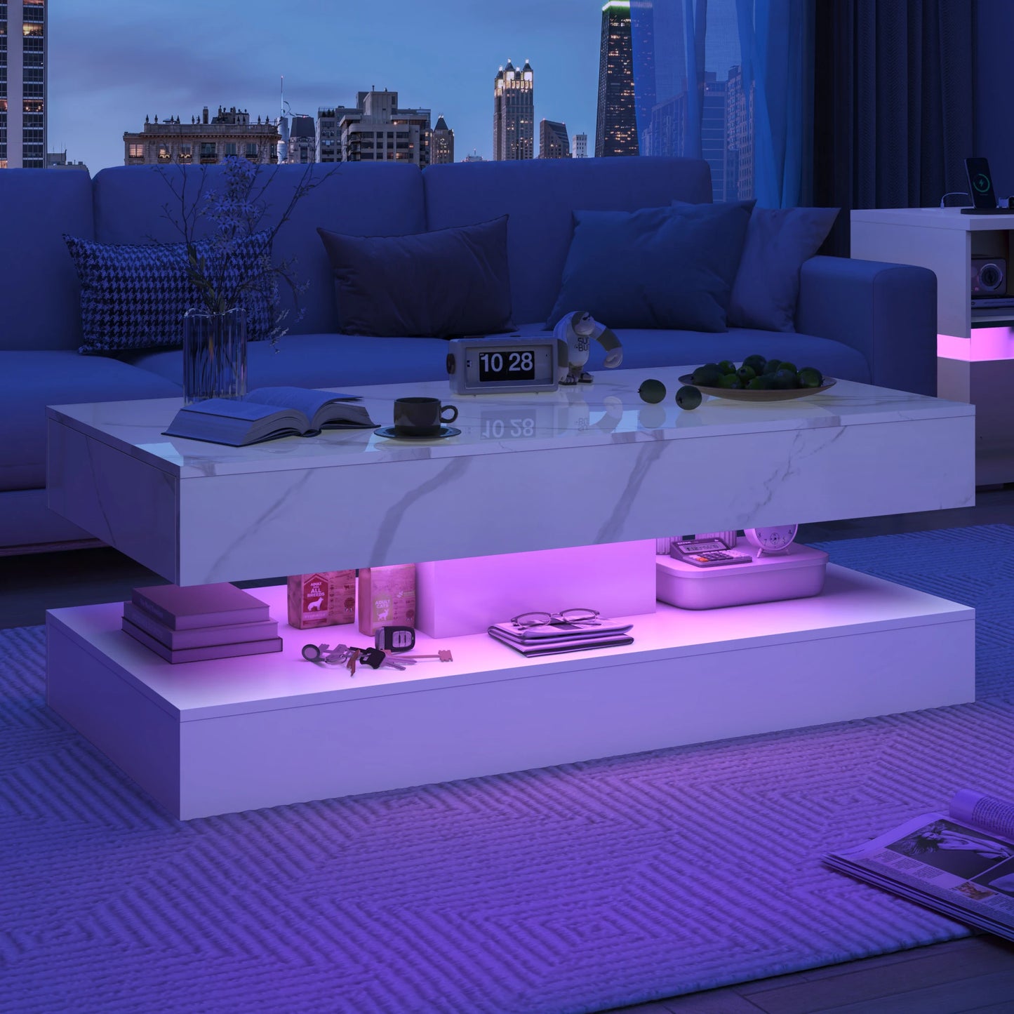 Modern LED Coffee Table With 2 Storage Drawers And Double Layer Design