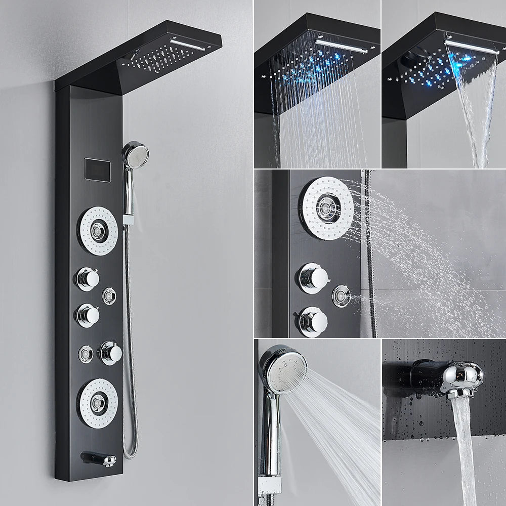 New Luxury Black Brushed Shower Panel With LED Temperature Display