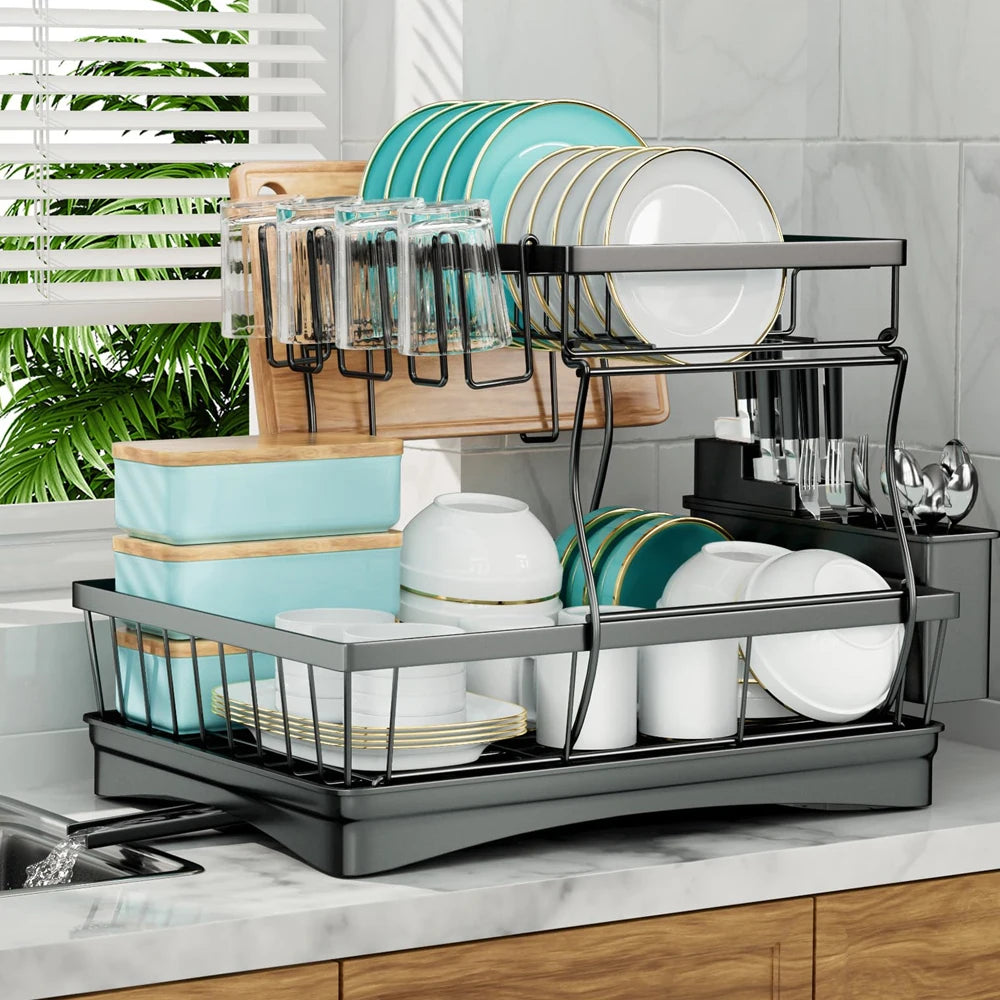 Large 2 Tier Dish Drying Rack For Countertops Removable Metal
