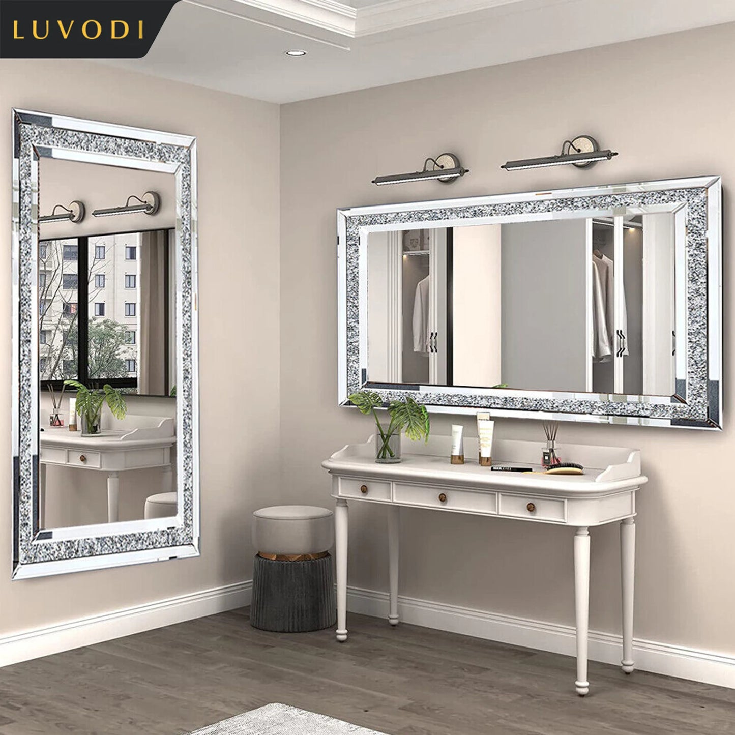 LUVODI Large Silver Crystal Rhinestone Frameless Vanity Mirror Wall Mounted