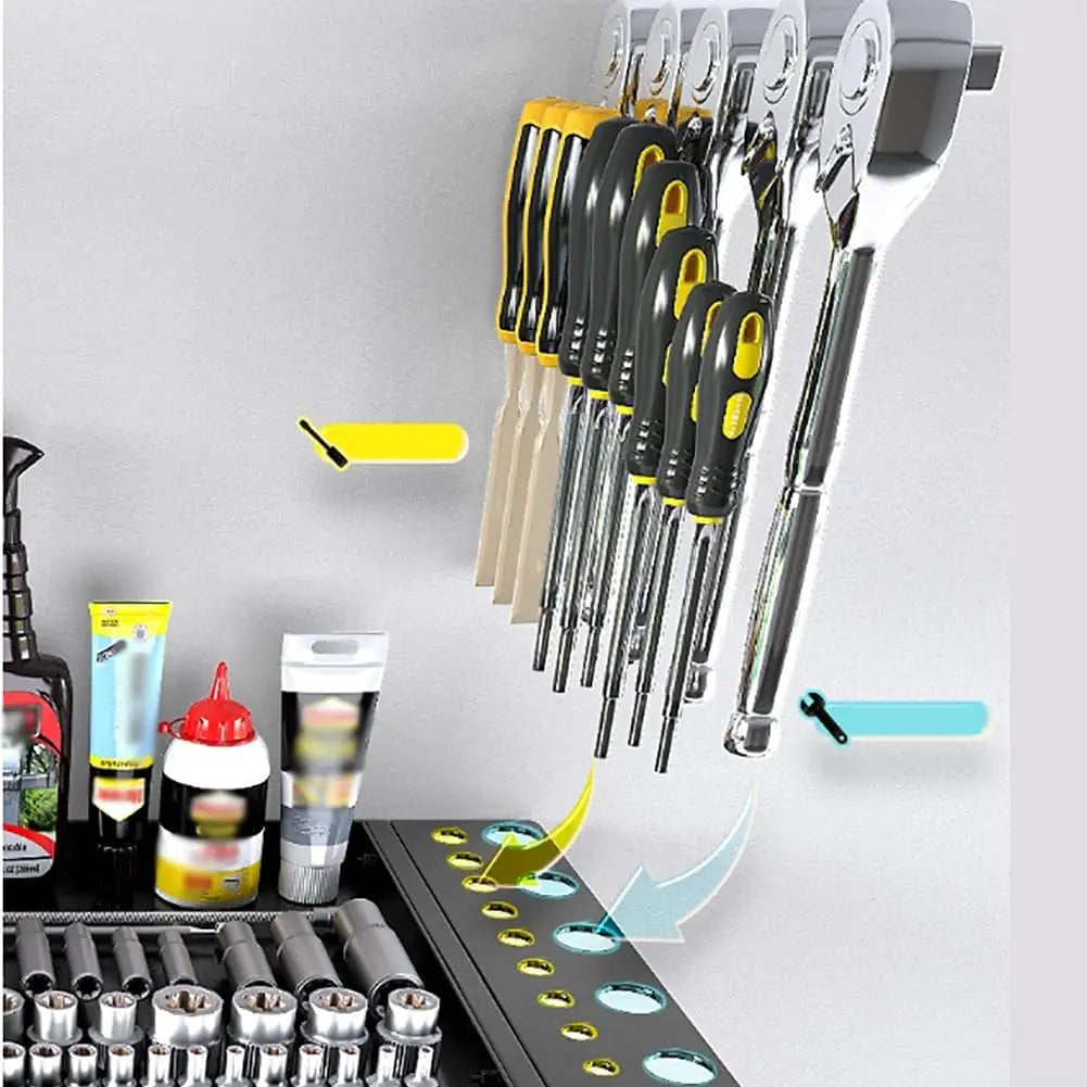 Transform your cluttered garage into a streamlined, efficient workshop with this versatile wall mounted tool rack that keeps every essential tool within reach.