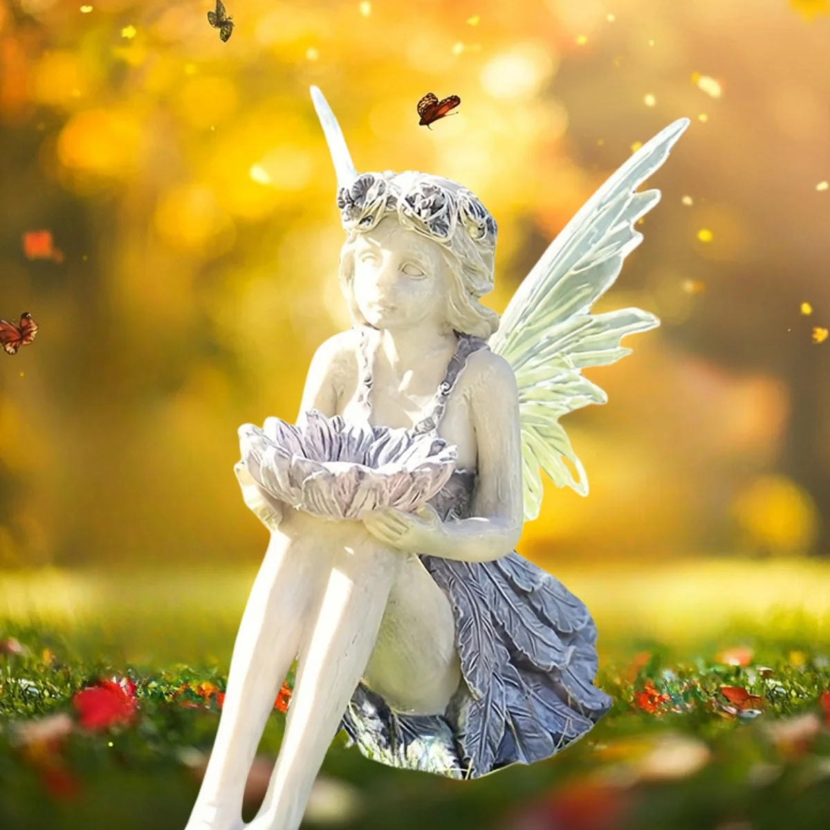 Outdoor Solar Garden Fairy Statue Light Resin Flower Fairy Holding Flower