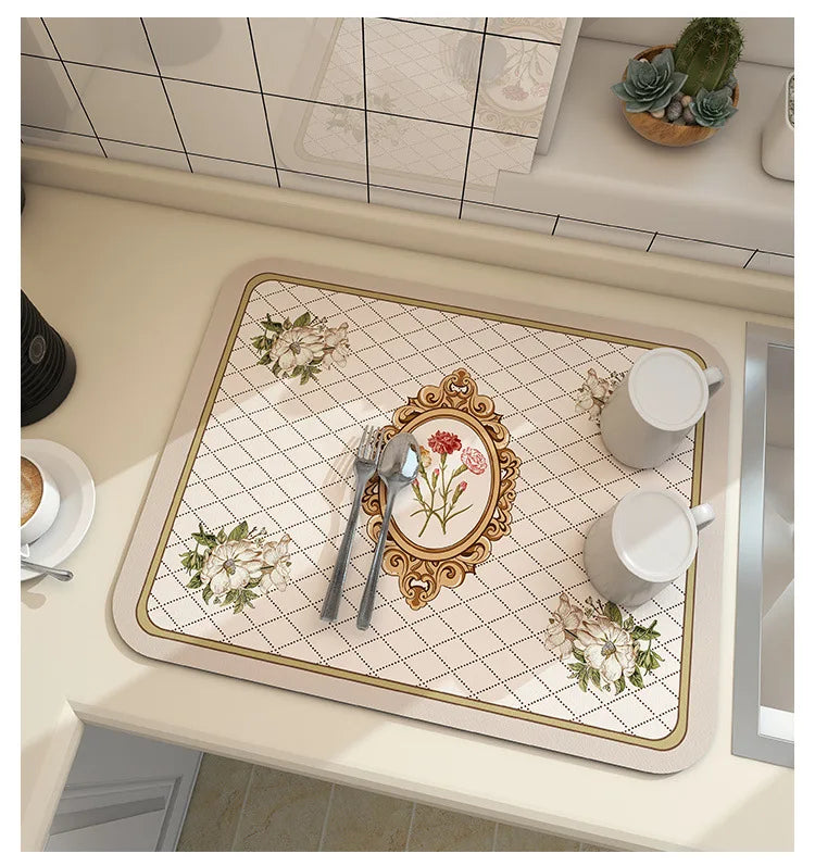Keep spills in check with a large, ultra-absorbent mat that dries quickly, resists odors, and stays put through busy kitchen routines.